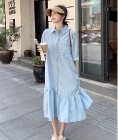 レディース ワンピース セットアップ オールインワン つなぎ シャツワンピ ミモレ 7分丈 8分丈 半袖 ボリューム袖 パフスリーブ ラウンドネック 襟付き スリム Aライン 前開き デニム ブルーデ