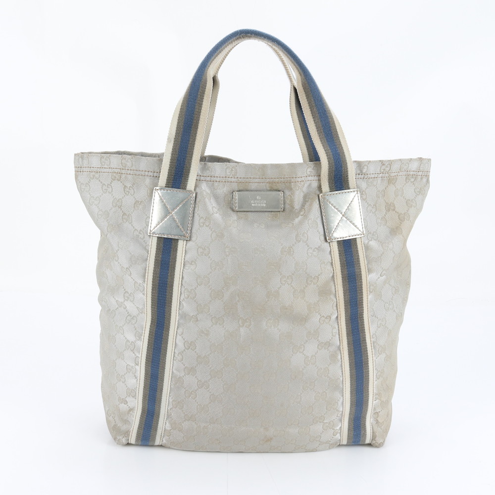 GGキャンバス 189669 レザー×キャンバス トート バッグ ショルダー ビジネス 通勤 書類鞄 本革 シルバー A4 メンズ レディース RWM DJ19-10 中古