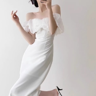 ドレス ウェディング パーティー 結婚式 披露宴 発表会 フォーマル ミディアム丈 パフスリーブ オフショル スレンダー タイト スリム 細身 シフォン 切り替えデザイン ドッキング 可愛い きれいめ