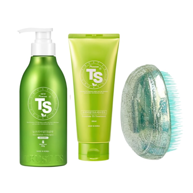 【3点セット／ボリュームケア】TSニュープレミアムスカルプシャンプー500g + プレミアムトリートメント200ml + コンパクトヘアブラシ／韓国人気／頭皮ケア