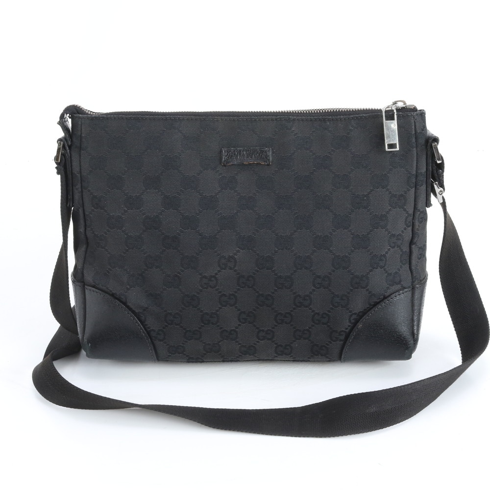 美品 GGキャンバス 114273 レザー×キャンバス ショルダーバッグ 斜め掛け メッセンジャー ビジネス 通勤 トート 本革 ブラック 黒 メンズ MUM DN19-10 中古