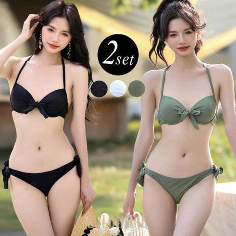 【新品/数量限定/セール】水着 レディース ビキニ 2点セット シンプル 無地 リボン モード おしゃれ かわいい ワイヤー入り リゾート 黒 白