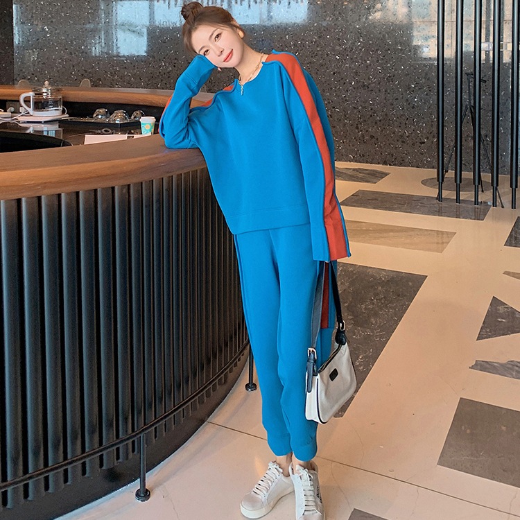 バイカラースウェット 上下セット レディース ロング 長袖 クルーネック ストリート こなれ感 ルーズ 春 秋 お出かけ ホームパーティー 休日 S M L XL ゆったり ブルー 9,968円