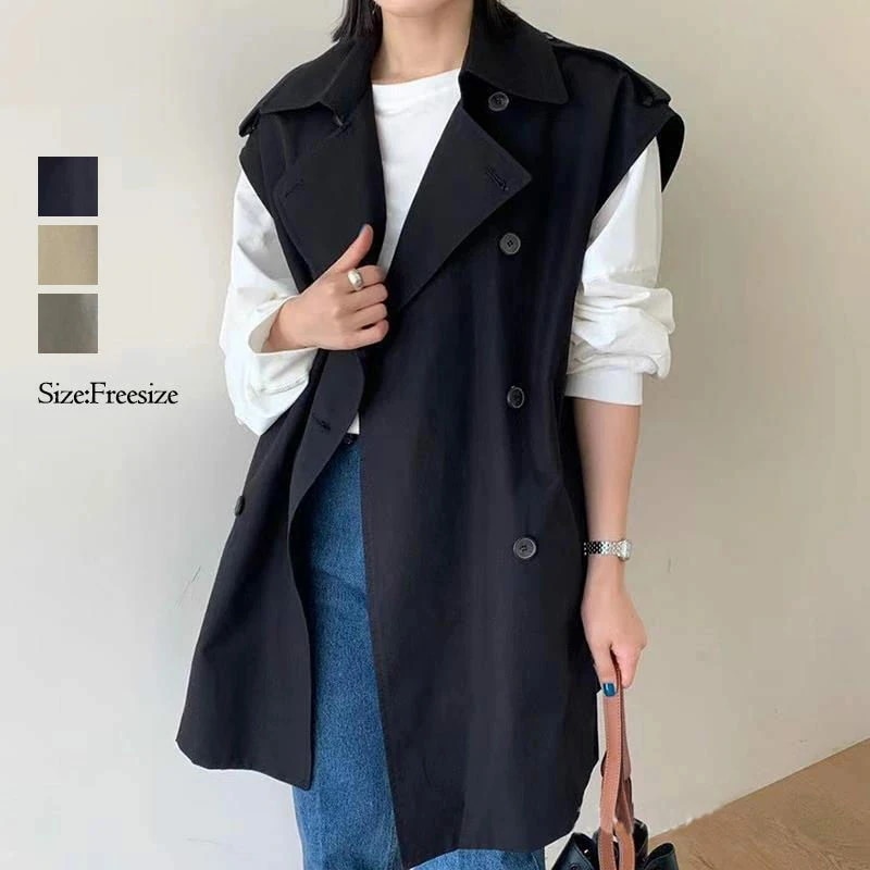 新発売ベスト レディース ジレ 春 秋 ベスト ロング トレンチコート トップス アウター コート トレンチ ノースリーブ レイヤード 重ね着 ロングベスト 羽織もの 前開き 無地 おしゃれ 黒 ベー
