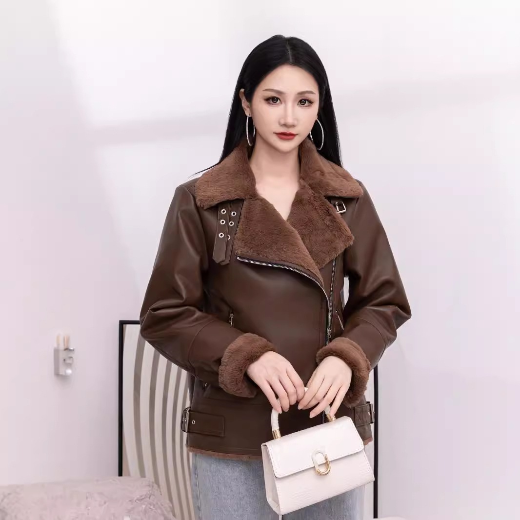 ファーオールインワンレディースミドル丈ラムコート冬新作ゆったり大きいサイズレザーライダースジャケットファーコート