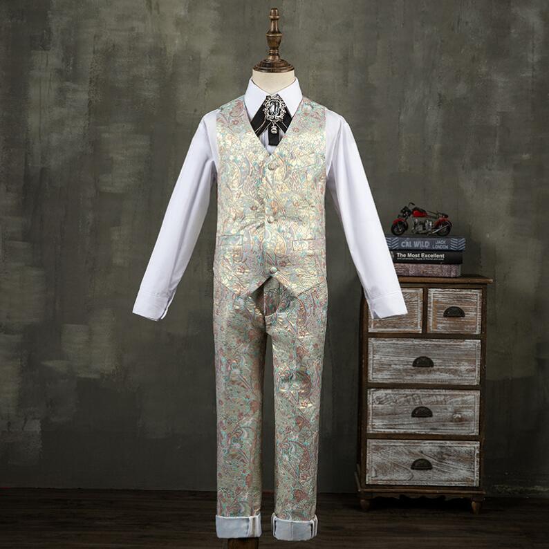 即日発送男の子紳士服 子供用舞台スーツ キッズ礼服 子供フォーマルスーツセット 子供服 総柄 子供ジレ キッズベスト フォーマルセット 舞台衣装 学園祭 イベント 演奏会 発表会 結婚式 卒園式 七五