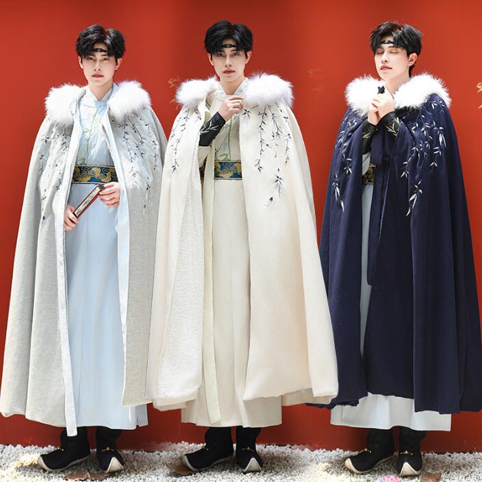 美品裏起毛メンズマント漢服　ロング丈羽織　唐装 漢服 冬マント ケープ　竹刺繍中華服 厚手　ファー付き襟　チャイナ服 コスプレ衣装　刺繍　暖かいクリスマス舞台衣装 中華厚手羽織コート　ハロウィン 6,708円
