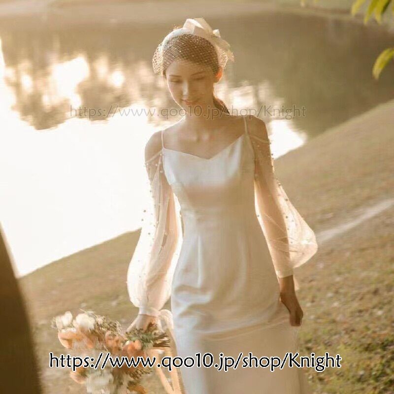 フォトウエ 結婚式ドレス 二次会 長袖 パーティードレス ウエディングドレス 安い 白 エンパイア