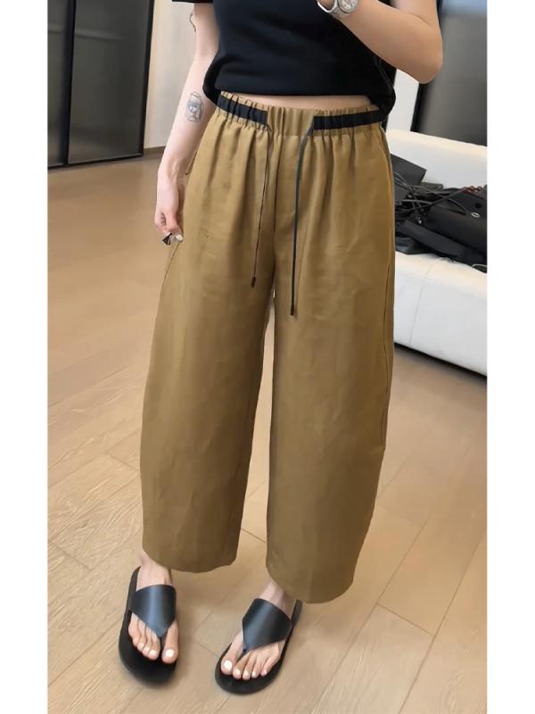 レディース ファッション オシャレ カワイイ シンプル 人カワイイ きいサイズ イエロー フル ラミー ストレッチ ウエスト カラー ブロック ワイド レッグ カジュアル パンツ ヒップ カバー