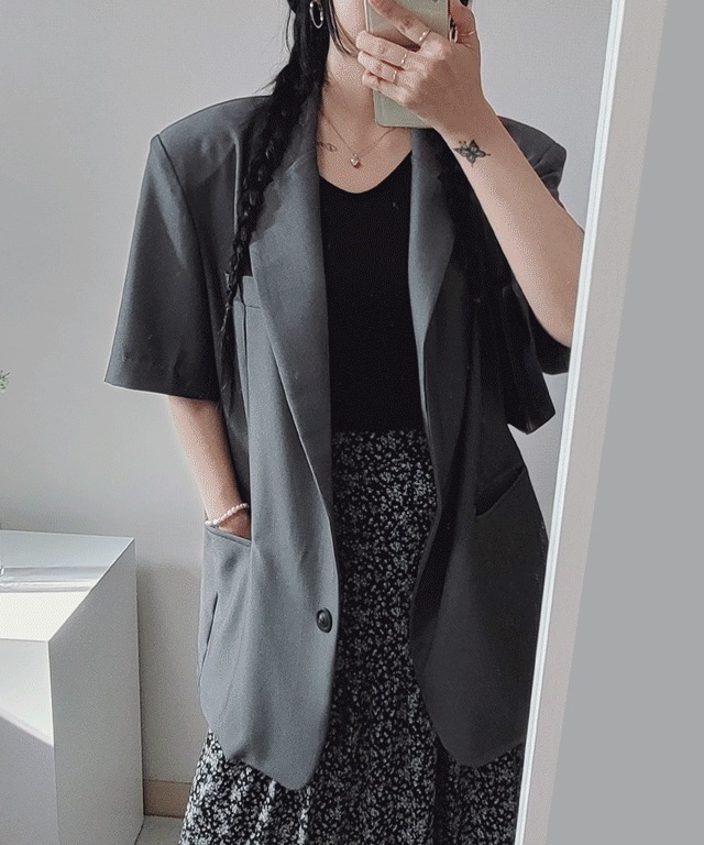 (肩パッド) ペイブ ルーズフィット 半袖 ジャケット 2color シック フォーマルルック オーバーフィット 結婚式ルック fave