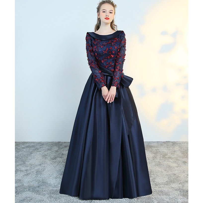 カラードレス ロング パーティードレス 演奏会 安い 結婚式 イブニングドレス 二次会 花嫁 披露宴 エンパイア ウェディングカラードレス aライン 紺色