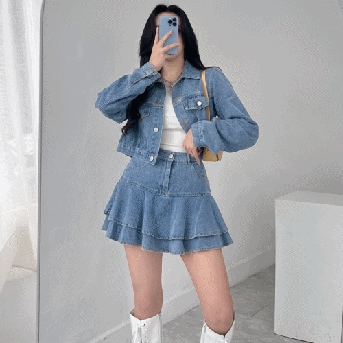 [セット価格] キチ ハイティーン 青 クロップ デニムジャケット 裾 ティアード フリル スカート ツーピース セット