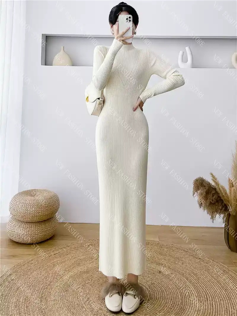 レトロな長袖ニットワンピースレディース秋冬ロングスカート-71