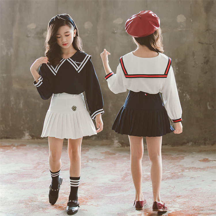 セーラー服 二点セット 子供服 キッズ 上下セット スカート セットアップ トップス 可愛い 秋 春 長袖 Aライン ファスナー