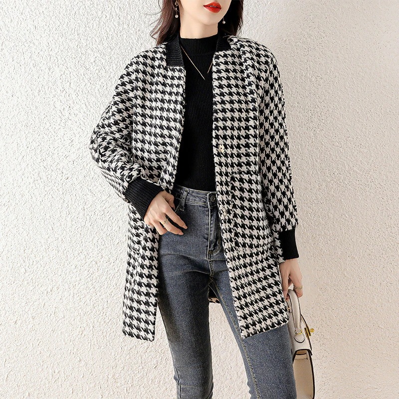 人気沸騰ノーカラーコートレディース秋冬千鳥格子ステンカラーコートミディアム丈ラシャジャケット韓国風アウター通勤着痩せオシャレゆったり