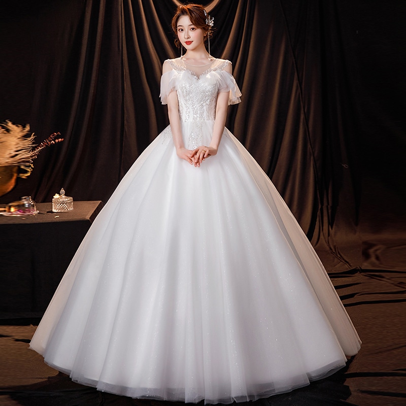 ウェディングドレス 結婚式 二次会 ホワイト 花嫁 ウェディング プリンセスドレス 白ドレス ロングドレス 披露宴 編み上げ-722