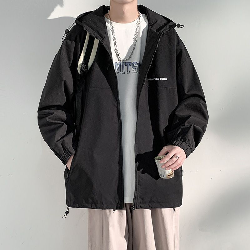 メンズフード付きウィンドブレーカージャケット春と秋のスタイル新しいシンプルな日本のカジュアルルーズカジュアルワークウェアトップ