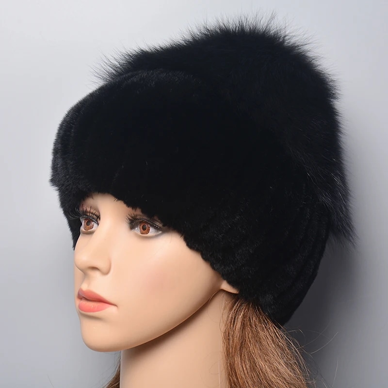 女性のためのロシアの毛皮の帽子,ウサギの毛皮の帽子,冬の本物の毛皮,自然なキツネの毛皮のキャップ,再ウサギの毛皮の帽子 black Elastic(52-60cm)