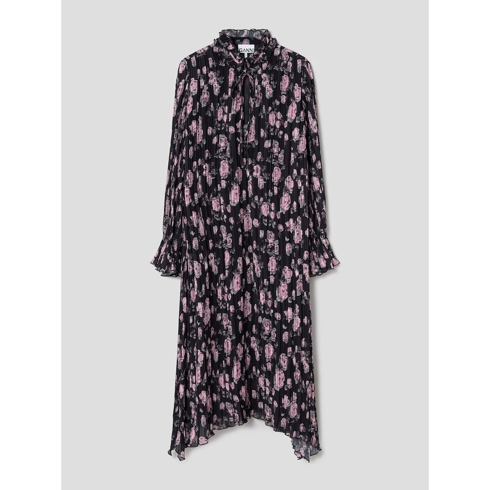 GANNI プリーツジョーゼットフリルカラーミディドレス-アッシュ FW24-QN4971R014