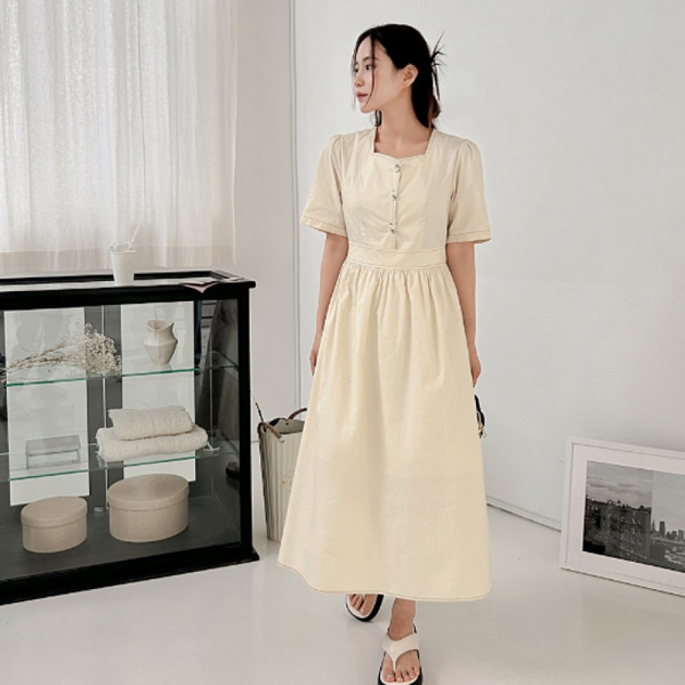 【イーブレット・バイ・ジェイスタイル】イーブレットスヴィアンコットンカラーステッチロングドレスJSTYLE