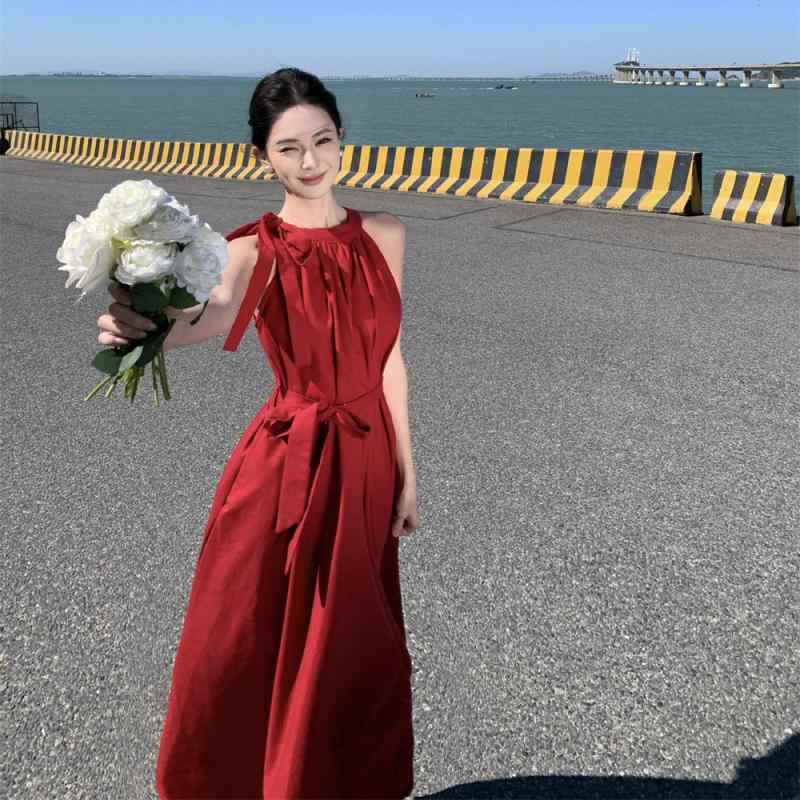 ワンピース レディース 大人 赤 ドレス ノースリーブ ホルターネック 女性 夏 海辺 休暇 ウエスト ロング スカート エレガント シック Aライン プルオーバー