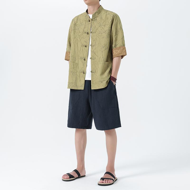 チャイナ シャツ メンズ 中華風 夏 カジュアル トップス 半袖 5分袖 漢服 スタンドカラー ホワイト ブラック