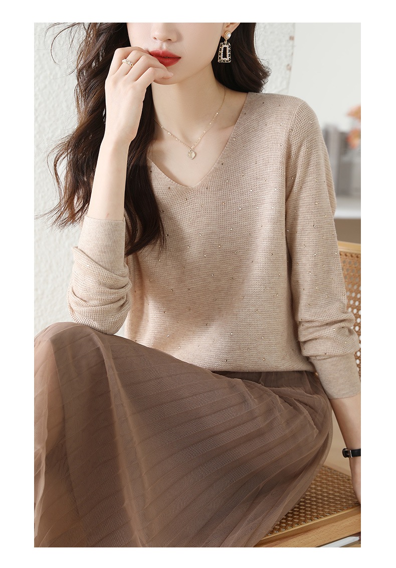 秋 ダイヤモンド 外国風 ニット トップ ファッション V ネック やさしい ソフト ワックスルーズ シャツ 女性 ブラック ブラウン ピンク ホワイト アプリコット M L XLトップス 袖あり
