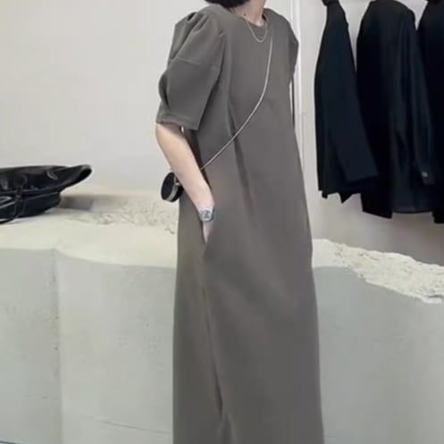 ワンピース 膝丈 ひざ丈 膝下 ミモレ ミモレ丈 袖あり 半袖 5分袖 五分袖 ラウンドネック 細身 ストレート シンプル カジュアル 大人 おしゃれ お洒落 大人可愛い 大人女子 こなれ感 ラフ