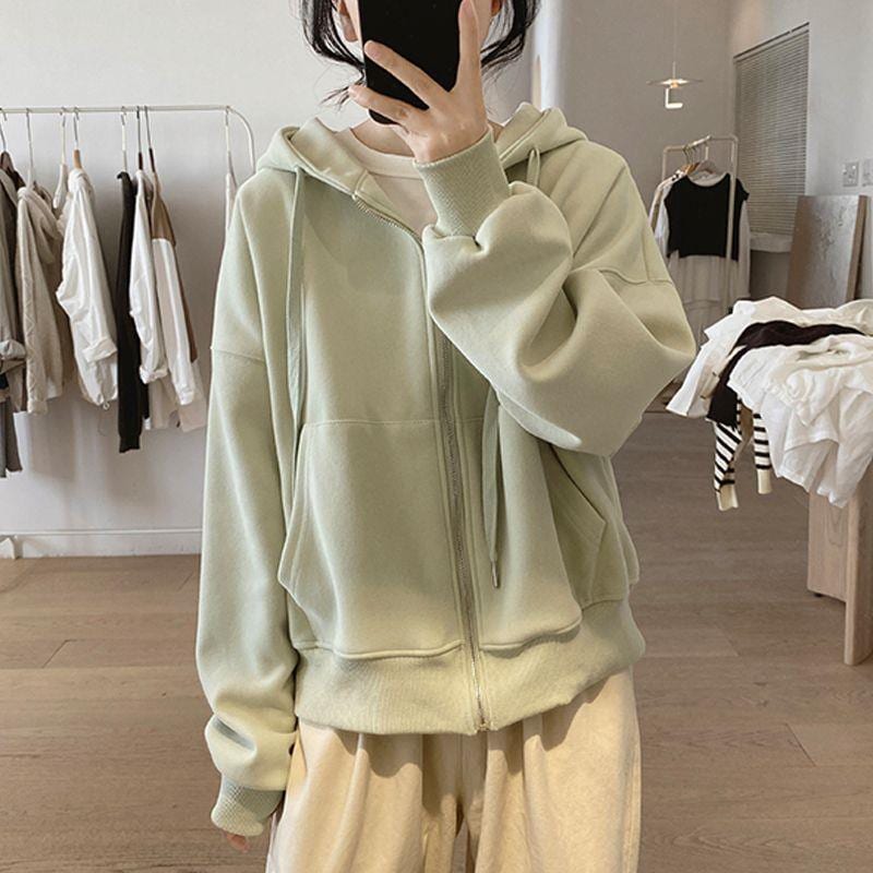 【速達!】キャップ付きパーカー女性ゆったり着やせ基礎シンプルファスナー減齢コットントップス4