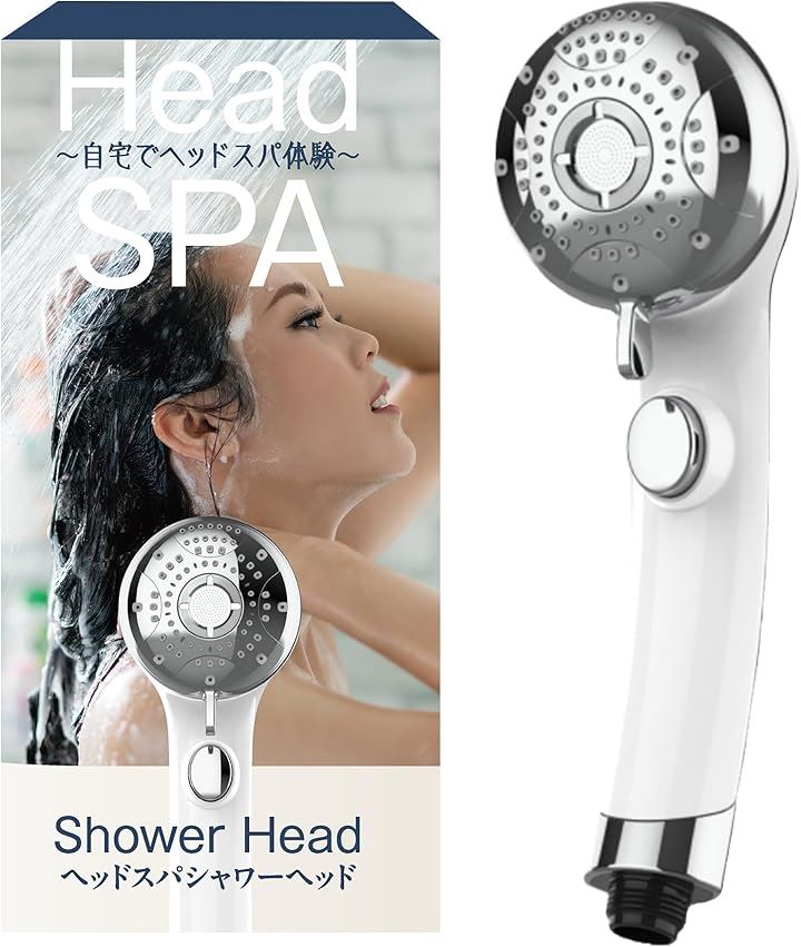 自宅でヘッドスパ体験ヘッドスパシャワーヘッド6段階水流・ポイントマッサージモード搭載マイクロナノバブル G1/2規格 6モード バス用 手元止水(ホワイト)