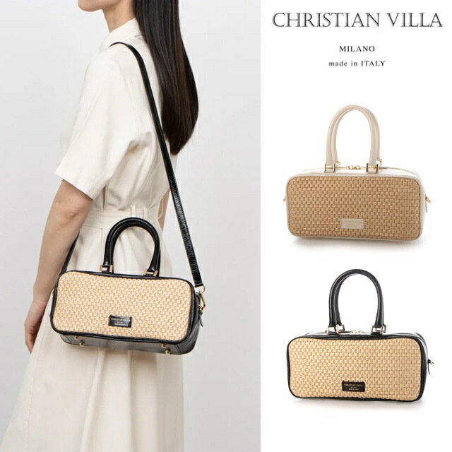 CHRISTIAN VILLA クリスチャンヴィラ ラフィア調 コンビ ハンドバッグ 2WAY 横長 ショルダーバッグ レディース イタリア製 牛革 6227ra 25SS