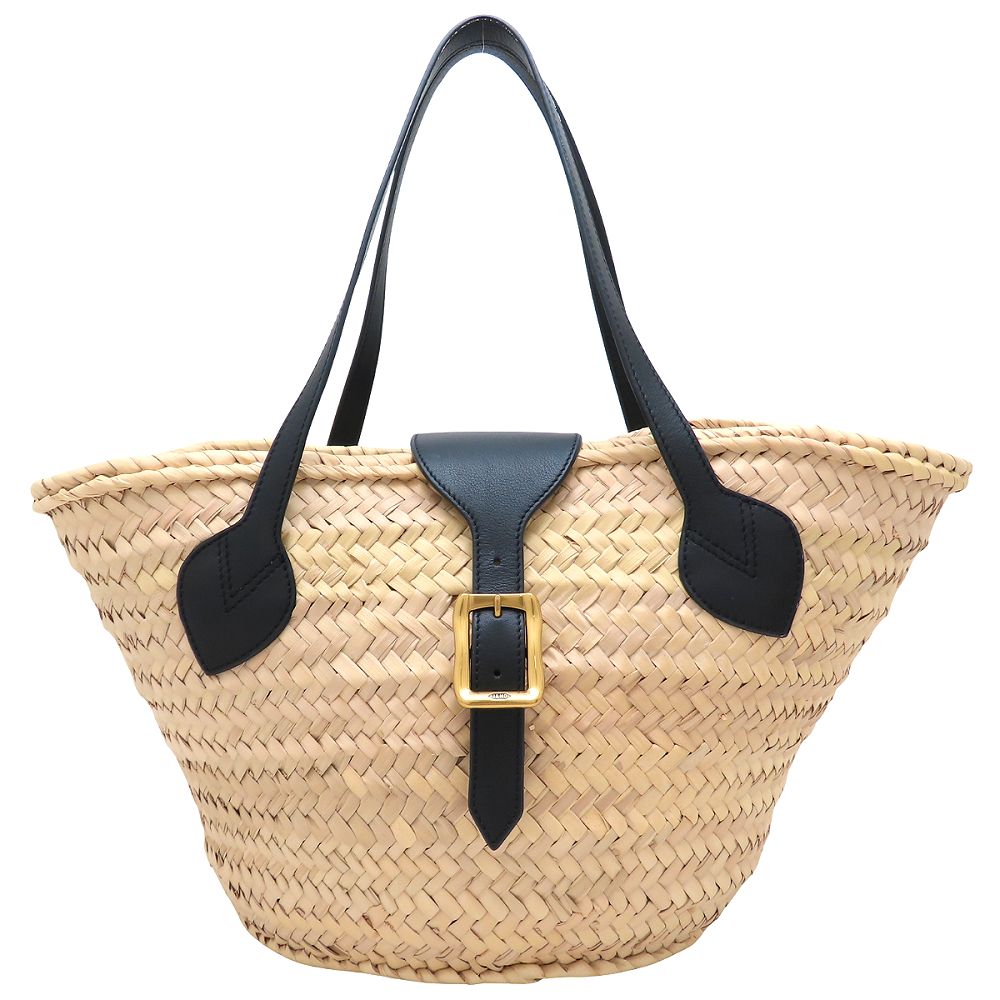 ミディアムバスケットバッグ LMBT-0XX-PLSC ハンドバッグ かごバッグ ラフィアxカーフ ナチュラル ブラック レディース/352742【中古】