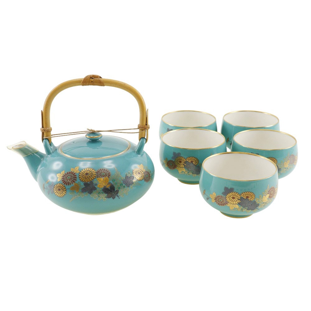KORANSYA 香蘭社 茶器揃 菊柄 急須セット グリーン 金彩 湯吞み5客 食器 _ 中古品