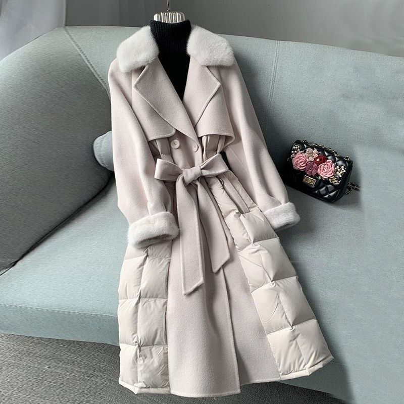 ミンクカラーのダウンジャケットヨーロッパスタイルのスリミングコート女性用の両面新作ロングトレンチコート冬用