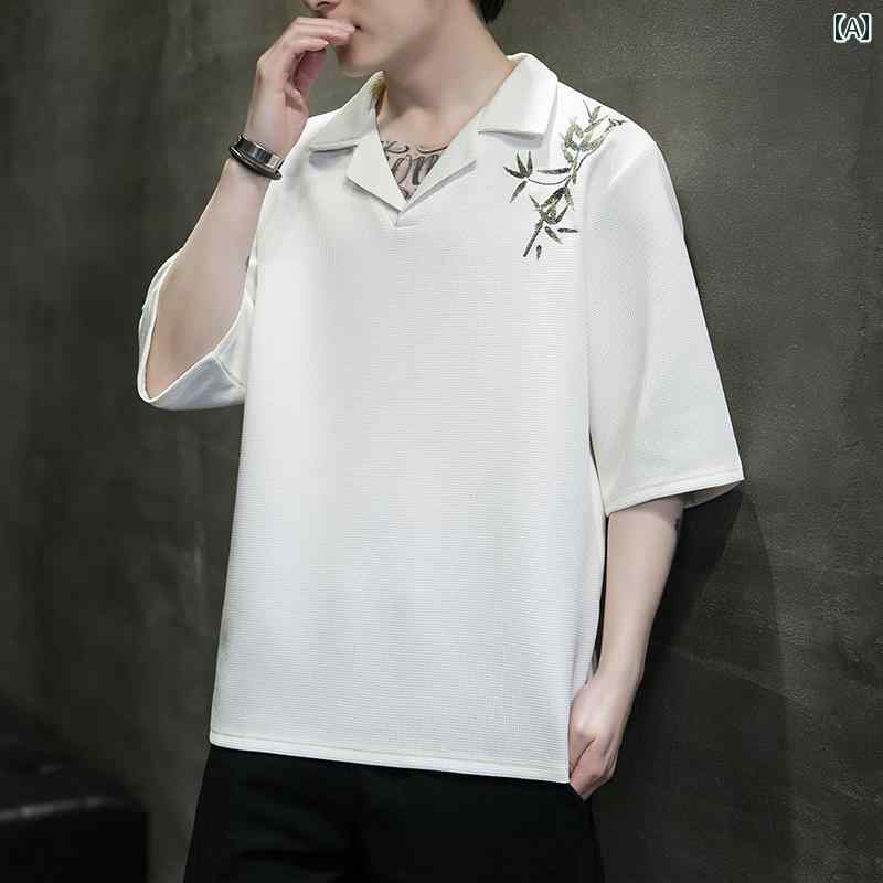 メンズ シャツ トップス 七分袖 チャイナ風 竹モチーフ刺繍 中華伝統 薄手 通気性 夏 冷感 開襟シャツ 軽量 カジュアル エレガント 個性的 快適 吸汗性 シンプル