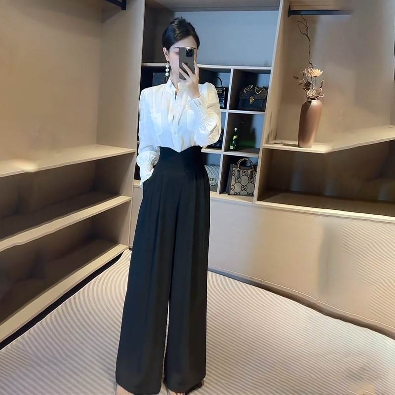上下セット 2点セット トップス パンツ ボトムス ロングパンツ ワイドパンツ フルレングス 長袖 ボリューム袖 プリーツパフ スタンドカラー フォーマル フェミニン ハイウエスト 伸縮性 コンサバ