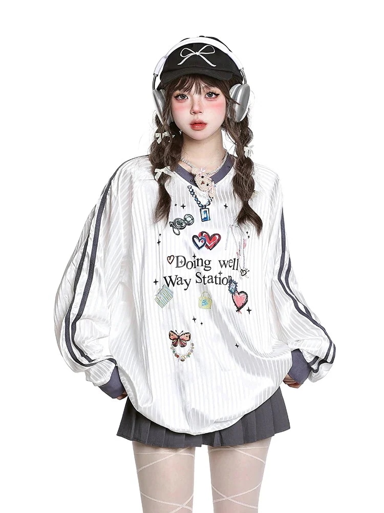 【急速出荷!】24 トレンド トップスバイカラー甘辛MIX長袖 かわいいTシャツレディース韓国風衣装ルーズゆったりカジュアルおしゃれサイズスリーブシルエットファッション系サイドシャツフットスウエット