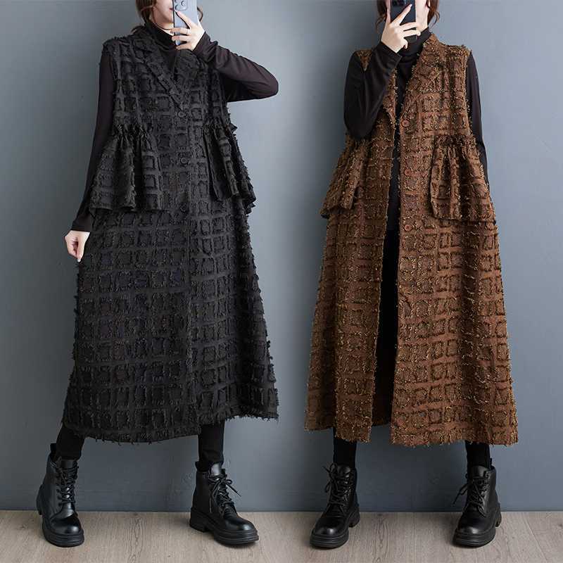 【Noir Mode】ノースリーブワンピース 秋 新作 韓国版 大きいサイズ ファッション スーツカラー ノースリーブ カーディガン ロングジャケット 薄手 ウエストコート ジャケット