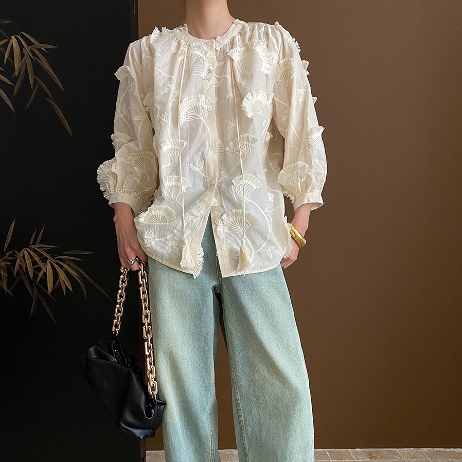 レディース シャツ ブラウス 長袖 クルーネック ストレート Iライン スマート リボン 前開き 透け感 ボタン 薄手 かわいい 大人可愛い きれいめ シンプル カジュアル おしゃれ こなれ感 ラフ