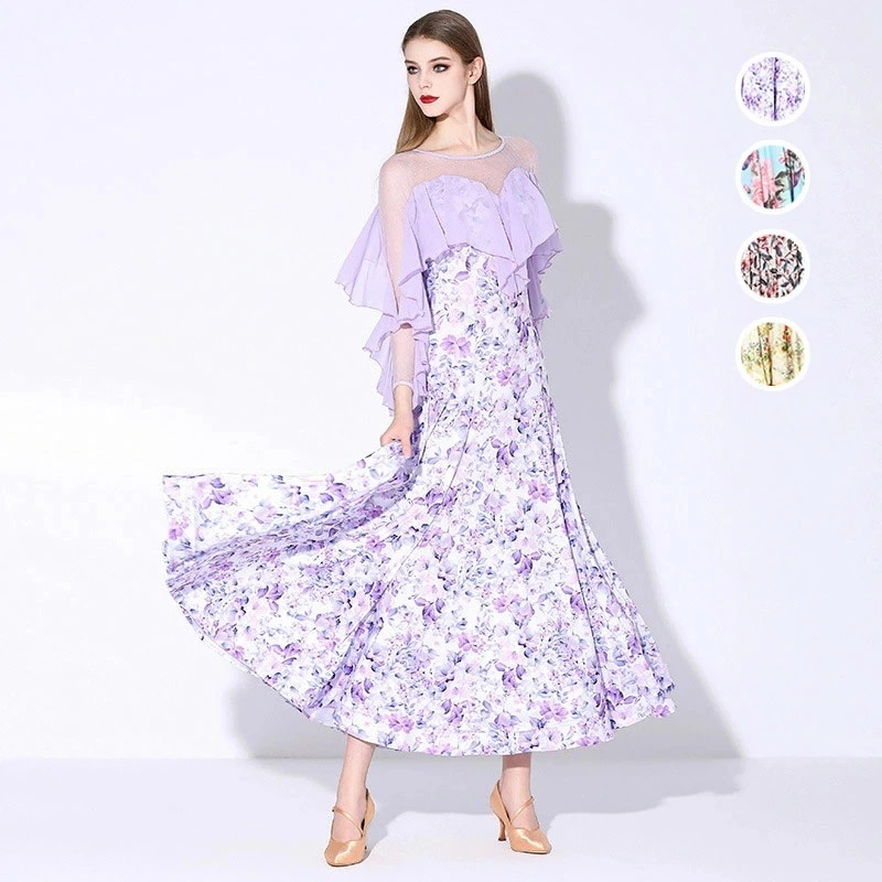 全4色 社交ダンスドレス モダンドレス パープル 花柄 フレア フリル