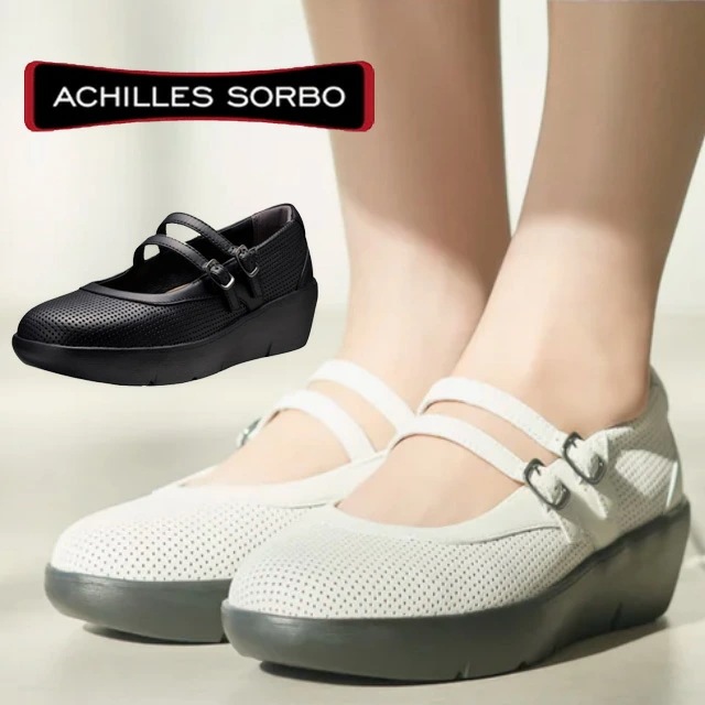 アキレス ソルボ レディース 厚底 パンプス ダブルストラップシューズ ウェッジヒール 本革 ミセス レザーシューズ 歩きやすい カジュアルシューズ 履きやすい チャンキーソール H605 黒 ブラッ