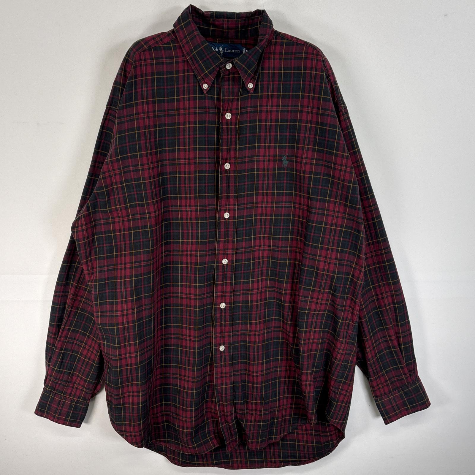 古着 90s/90年代 長袖シャツ チェック柄 ロゴ 刺繍 ボタンダウン M ワインレッド系 マルチカラー メンズ