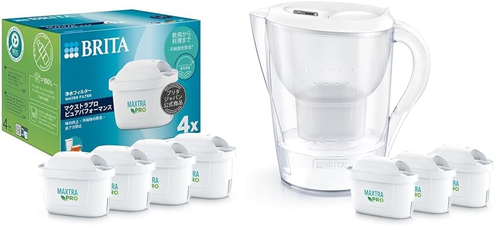 【セット買い】ブリタ 浄水器 交換用 マクストラ プロ カートリッジ ピュアパフォーマンス ４個入り 【日本正規品】 + ブリタ ポット型 浄水器 マレーラXL ろ過水容量:1.75L(全容量:3.5