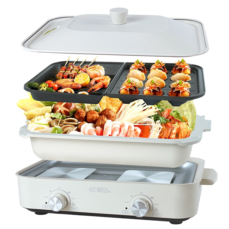 ホットプレート 焼肉プレート グリル鍋 1200W セパレートホットプレート 夫々温度調整 グリルプレート/深鍋/たこ焼きプレート付き 蓋付き ECL 1台多役 お手入れ簡単 コンパクト