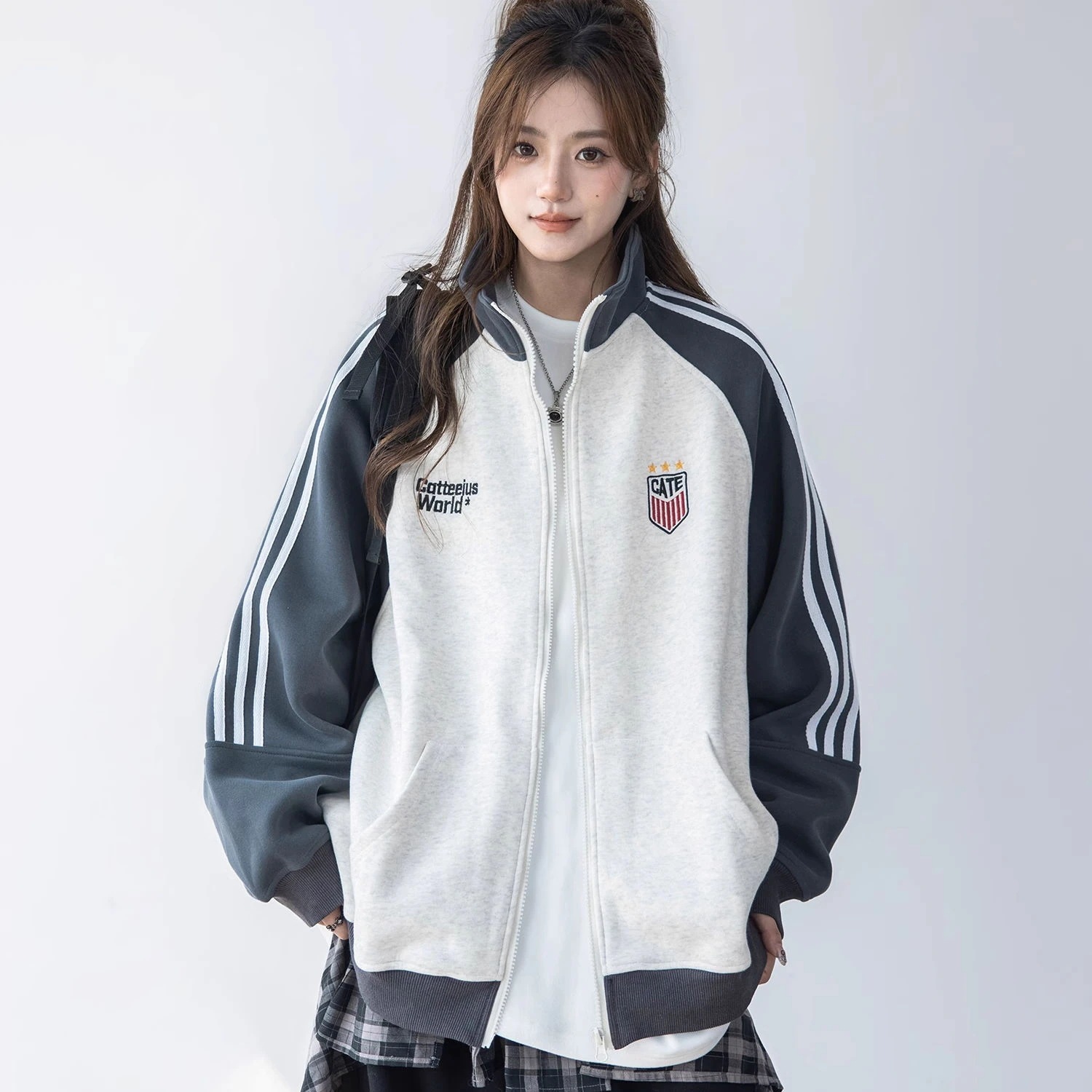 春夏 韓国 かわいい レディース バイカラーハイネックスタンドネックアウター羽織りスポーティー長袖配色コーデトップススポーツサイズサイドカジュアルシルエットファッション系フル丈トラック
