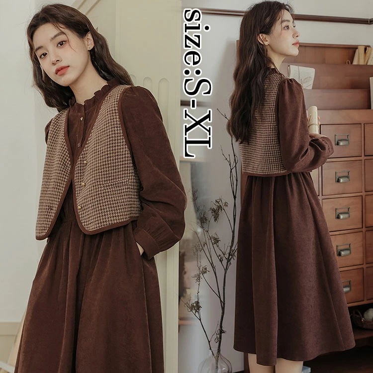 レディース ファッション 可愛い シャツワンピース セットアップ ワンピースセット ベスト+ワンピース 長袖 春秋 カジュアル 通勤 復古風 40代 30代 50代 チェックベスト オシャレ きれい