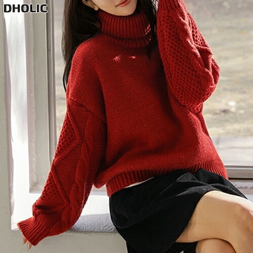 タートルネックルーズ長袖ケーブルニット・1950763