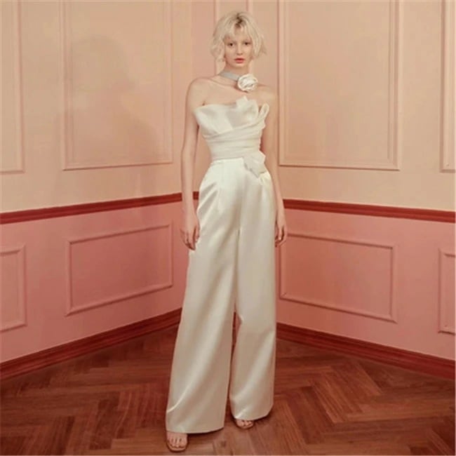 ホワイト ウェディングドレス　Aライン　ズボン　パンツドレス ロングドレス ウェディングドレス レース 素地 ファスナータイプ　xs～l　Wedding Dress　お花嫁　結婚式　旅行撮影演出 12