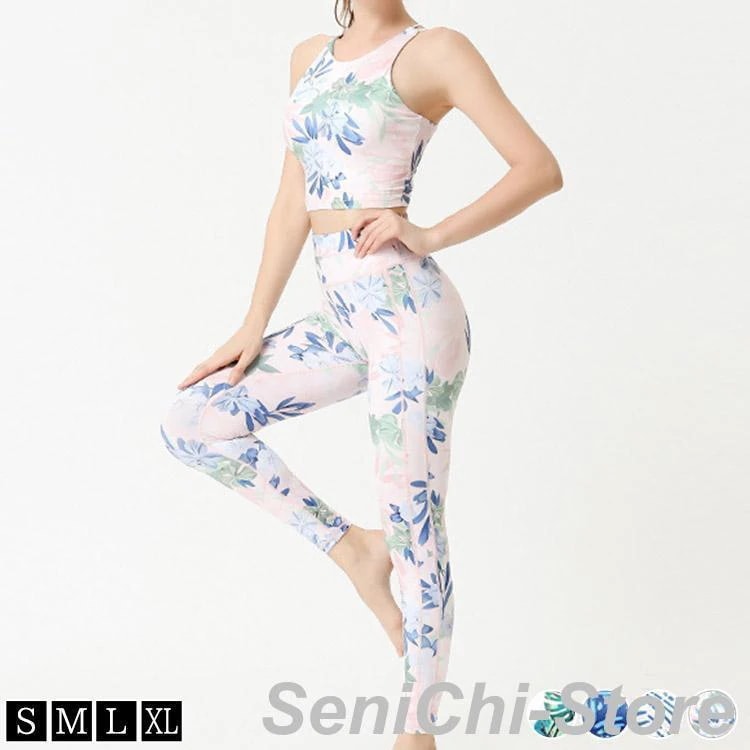凄く人気がある ヨガウェア レディース 上下 2点セット タンクトップ レギンス セットアップ おしゃれ かわいい 花柄