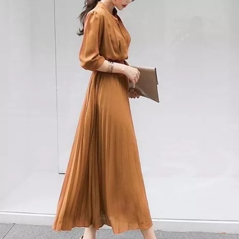 【人気上昇中】 着痩せ ファッション 無地 ギャザー飾り ハイウエスト シフォン エレガントワンピース